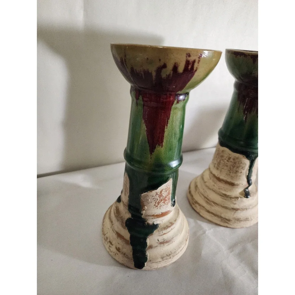 Vintage Artisan Ceramic Drip Glaze Candlestick Holders Pair Green Burgundy Cream